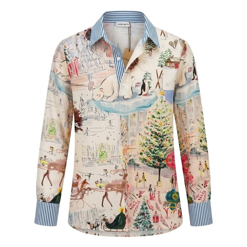 NEW Cherry Betty XL Creme Winter Scene Shirt Polar Bear Penguin Novelty Holiday‎